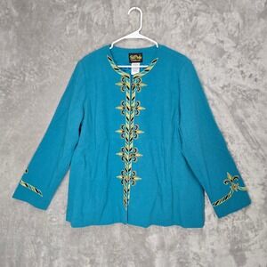 Bob Mackie‎ Wearable Art Blazer Jacket 1X Teal Blue Embroidered Details